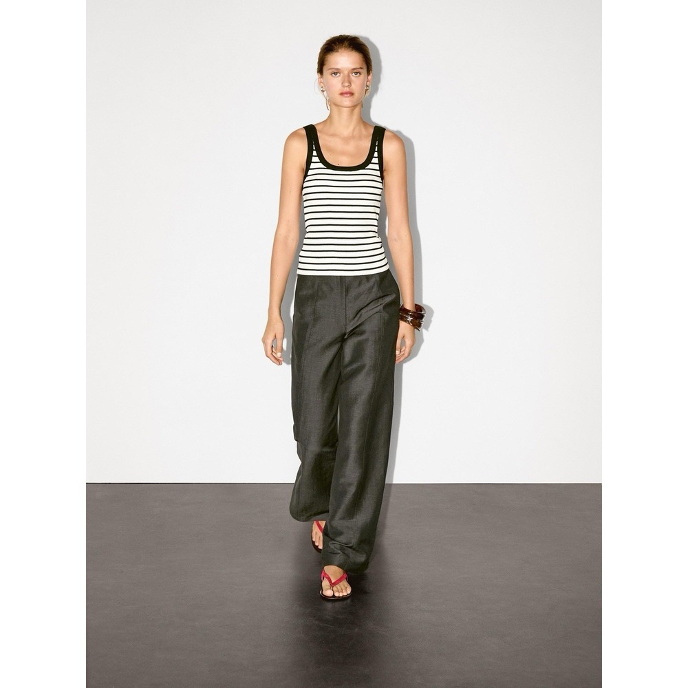 Massimo Dutti Womens Pants Linen Blend Size 36 US 4 Wide Leg Trousers Dark Gre